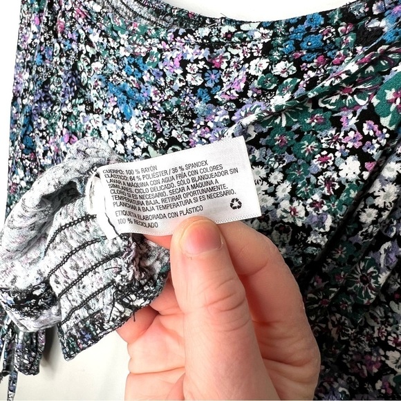 Wild Fable Square Neck Cottagecore Ditsy Blue Purple Drawstring Cropped Blouse - Picture 9 of 15